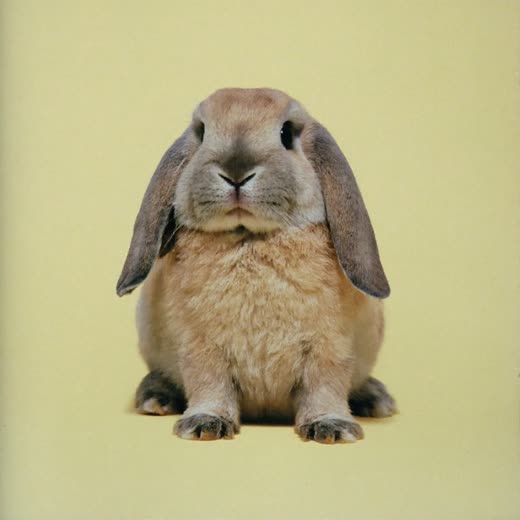 A lop-eared rabbit against a plain pastel background
