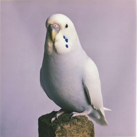 A budgerigar perched against a plain pastel background